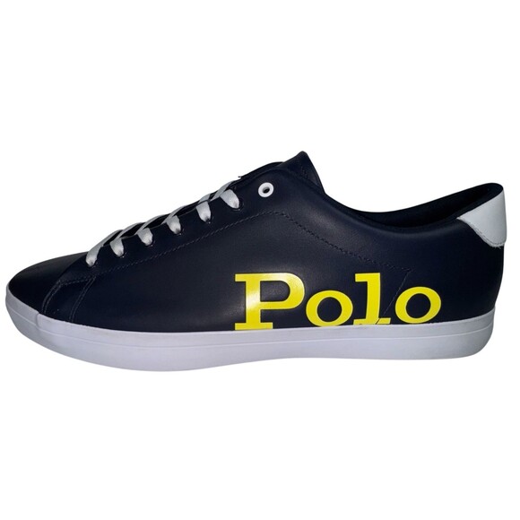 Polo Ralph Lauren Longwood Mens Size 15 Logo Leather Sneaker Black With Yellow - Picture 1 of 9